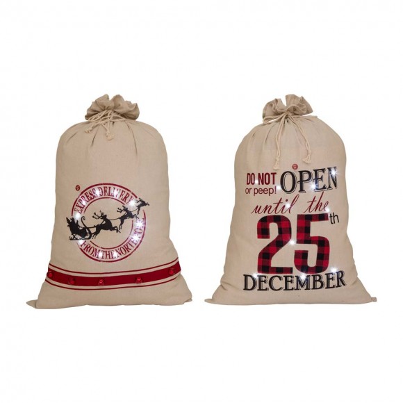 Glitzhome S/2 36"H Lighted Burlap Gift Sack with Wordings (10 LEDs)