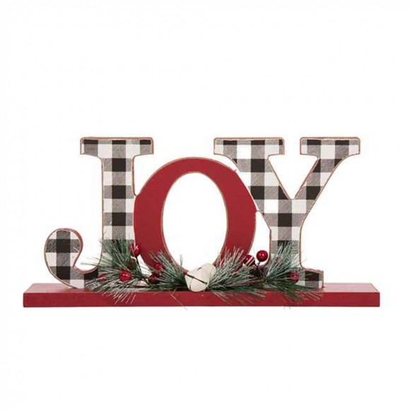 Glitzhome 11.42"L Christmas Wooden Plaid "JOY" Table Decor