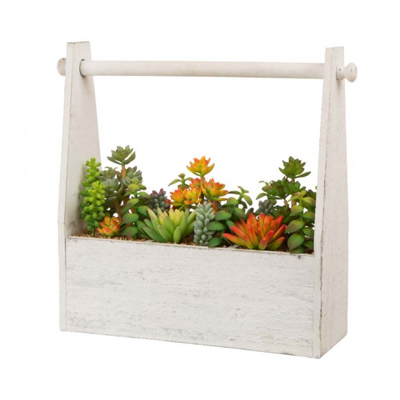 Glitzhome 13.75"H Succulent Plants in Handled Wooden Box