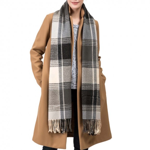 eUty Unisex Oversized Black, White and Gray Plaid Scarf with Tassels