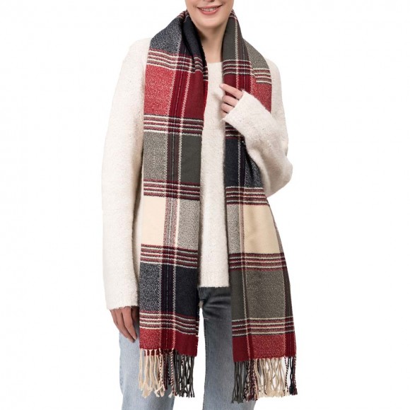 eUty Women Oversized Red, Cream and Gray Plaid Scarf with Tassels