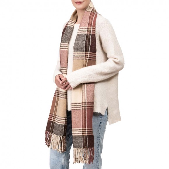 eUty Women Oversized Pink, Cream and Gray Plaid Scarf with Tassels
