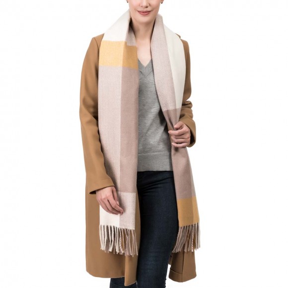 eUty Women Oversized Yellow, Cream and Grey Chevron Grain Scarf with Tassels