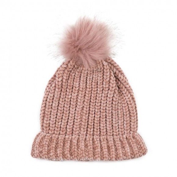 eUty Women Rose Pink Chenille Fold-Over Beanie with Pom Pom One Size