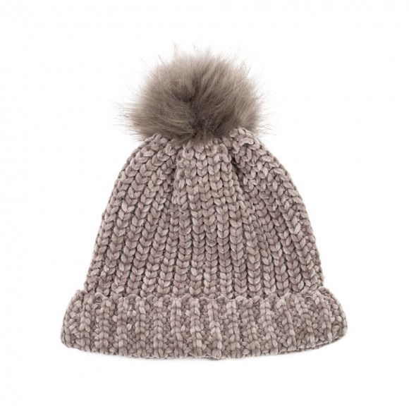 eUty Women Grey Chenille Fold-Over Beanie with Pom Pom One Size