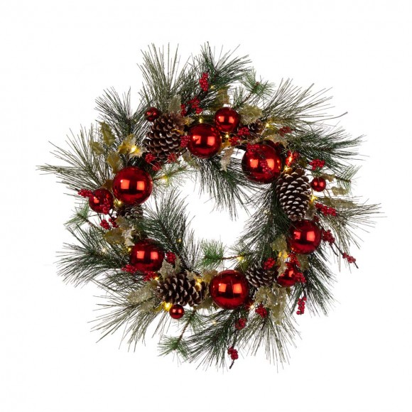Glitzhome 24“D LED Pre-Lit Greenery Berry Holly Pine cone Red Ornament Wreath