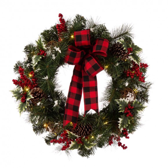 Glitzhome 24"D LED Pre-Lit Greenery Buffalo Bow Berry Holly Pine cone Rattan Ornament Wreath ( Timer Included)