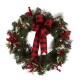 Glitzhome 24"D LED Pre-Lit Greenery Buffalo Bow Berry Holly Pine cone Rattan Ornament Wreath ( Timer Included)