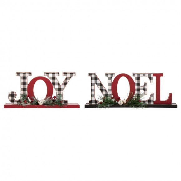 Glitzhome Set of 2 Christmas Wooden Plaid JOY & NOEL Table Decors