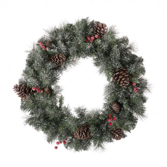 Glitzhome 24"D Pre-Lit Glittered Pine Cone Christmas Wreath with Warm White LED Light