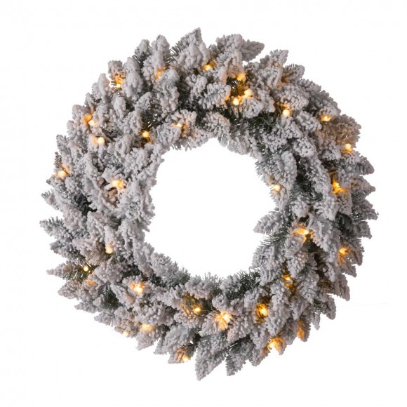 Glitzhome 24"D Pre-Lit Snow Flocked Christmas Wreath With Warm White LED Light