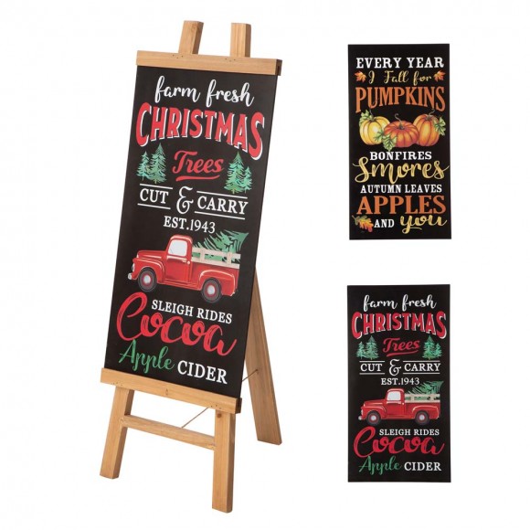 Glitzhome Double Sided Wooden Easel Porch Sign with One Changeable Sided Sign Board (Fall & Christmas) 