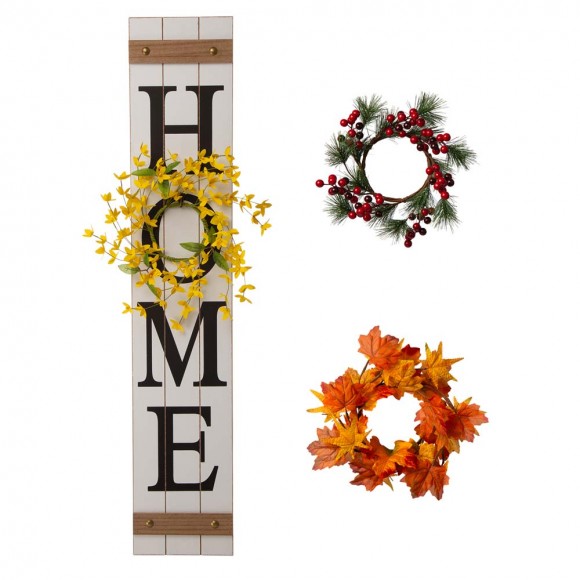 Glitzhome 42"H Wooden "Home" Porch Sign with 3 Interchangeable Floral Wreaths（Spring/ Fall/ Christmas）