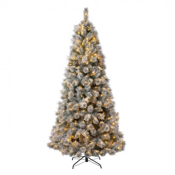 Glitzhome 7.5ft Pre-Lit Snow Flocked Artificial Spruce Christmas Tree With 650 Warm White Lights