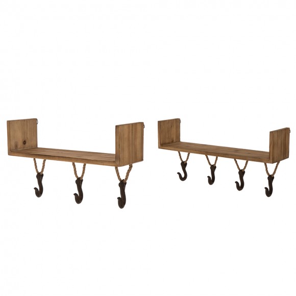 Glitzhome S/2 Farmhouse Wooden/Iron Wall Shelves with Hooks
