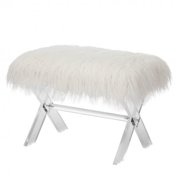 Glitzhome 25.6"L White and Clear Faux Fur Upholstered Bench with Acrylic X-Leg