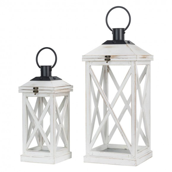 Glitzhome Wash White Farmhouse Modern Wooden Lanterns, Set of 2