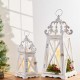 Glitzhome Wash White  European Farmhouse Wooden Lanterns With 3D Metal Lace Top, Set of 2