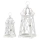 Glitzhome Wash White  European Farmhouse Wooden Lanterns With 3D Metal Lace Top, Set of 2