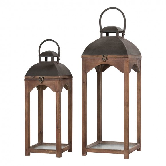 Glitzhome Whiskey Brown Farmhouse Modern Wood/Metal Lanterns, Set of 2