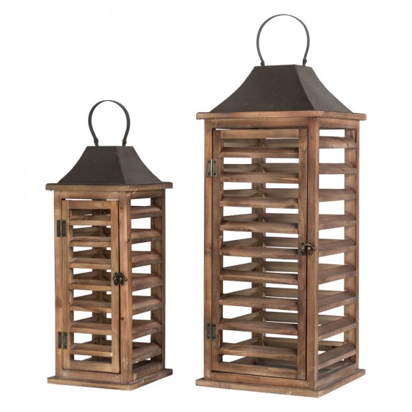 Glitzhome Farmhouse Natural Wooden Shutter Lanterns, Set of 2