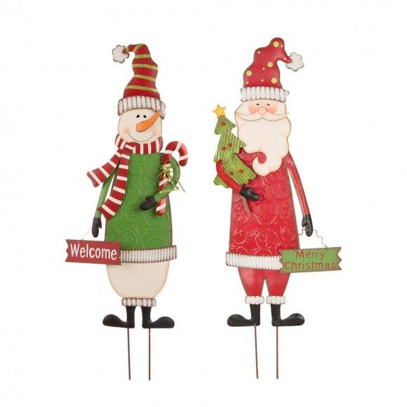 Glitzhome Set of 2 Metal Snowman & Santa Yard Stake or Standing Décor or Wall Décor