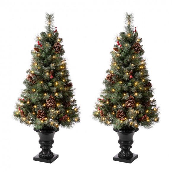 Glitzhome 4ft Flocked Artificial Christmas Tree With 100 Warm White Light, Set of 2