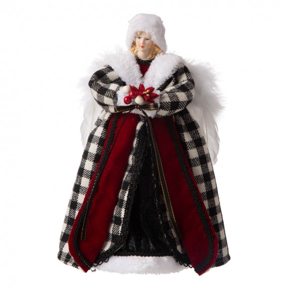 Glitzhome 12"H Black/White Plaid Angel Tree Topper