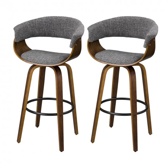 Glitzhome Mid-century Modern Gray Fabric/Walnut Bentwood Swivel Bar Stool, Set of 2