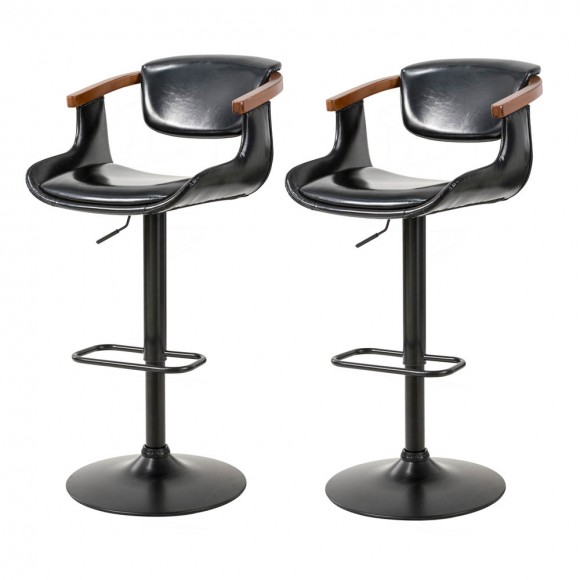 Glitzhome Black Leatherette Gaslift Adjustable Swivwl Bar Stools, Set of 2