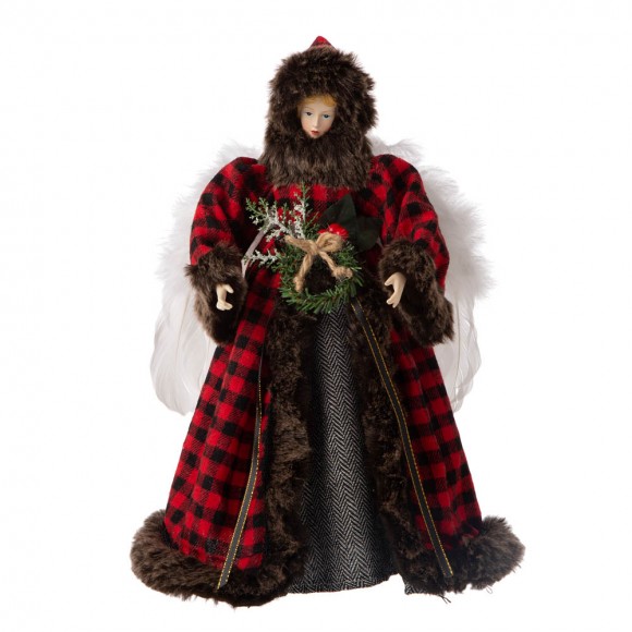 Glitzhome 16"H Christmas Red Plaid Angel Tree Topper