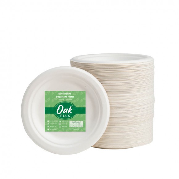 Oak PLUS 6 inch White Compostable & Disposable Sugarcane Plates, 600 Pack