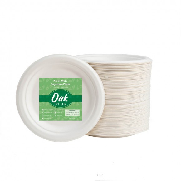 Oak PLUS 7 inch White Compostable & Disposable Sugarcane Plates, 600 Pack