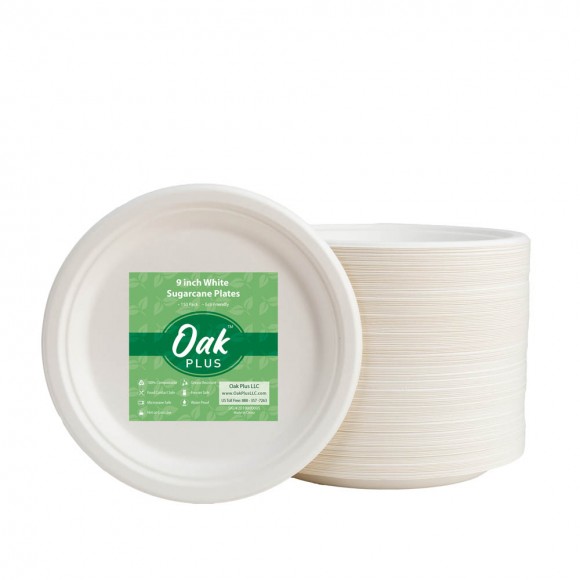 Oak PLUS 9 inch White Compostable & Disposable Sugarcane Plates, 300 Pack