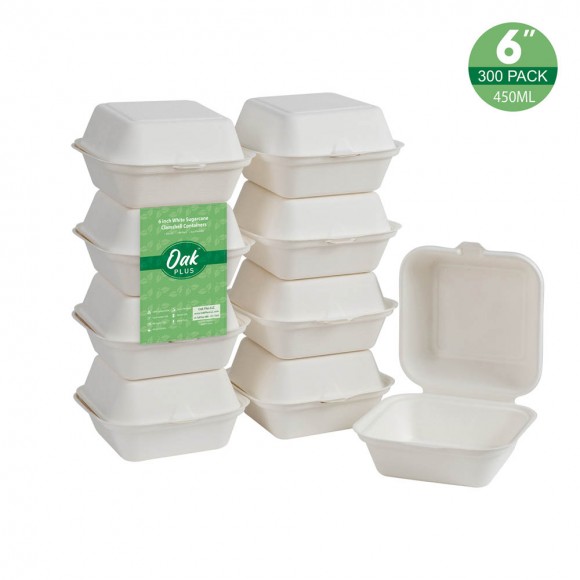 Oak PLUS 6 inch White Compostable & Disposable Sugarcane Clamshell Containers, 300 Pack