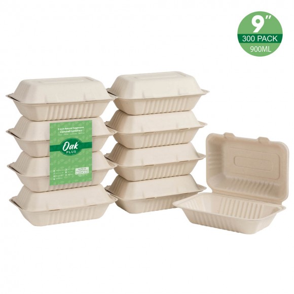 Oak PLUS 9 inch Natural Compostable & Disposable Sugarcane Clamshell Containers, 300 Pack