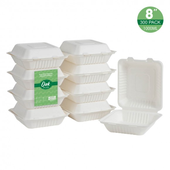 Oak PLUS 8 inch White Compostable & Disposable Sugarcane Clamshell Containers, 300 Pack