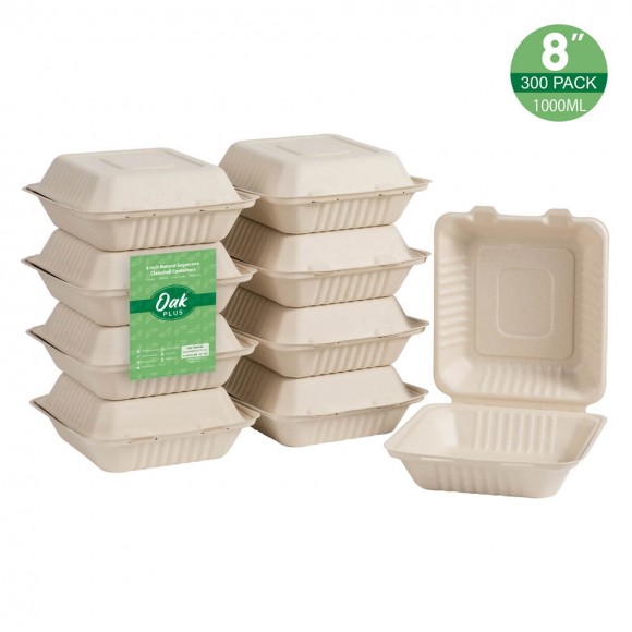 Oak PLUS 8 inch Natural Compostable & Disposable Sugarcane Clamshell Containers, 300 Pack