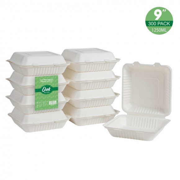 Oak PLUS 9 inch White Compostable & Disposable Sugarcane Clamshell Containers, 300 Pack