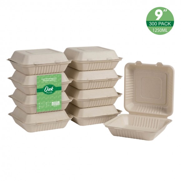 Oak PLUS 9 inch Natural Compostable & Disposable Sugarcane Clamshell Containers, 300 Pack