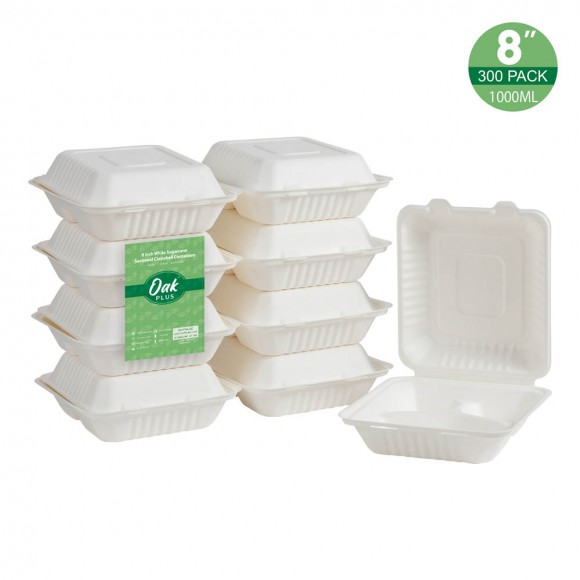 Oak PLUS 8 inch White Compostable & Disposable Sugarcane Sectional Clamshell Containers, 300 Pack