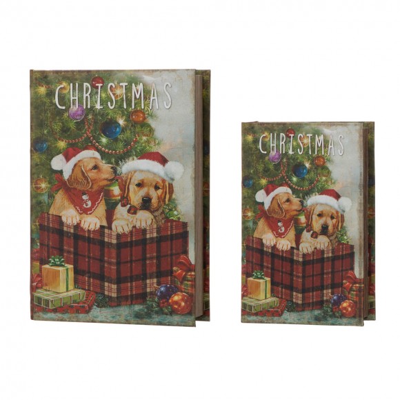 Glitzhome Decorative Vintage Dog Print Book Shaped Christmas Storage Book Box, Set of 2