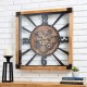 Glitzhome 27.17"H Industrial Wooden/Metal Square Gear Wall Clock with Tempered Glass