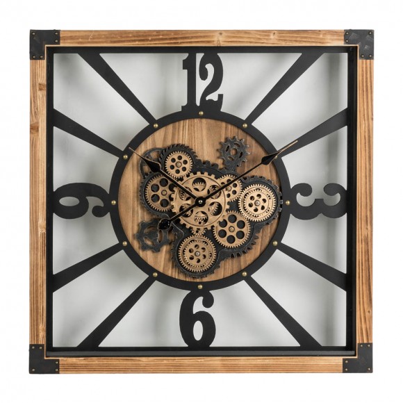 Glitzhome 27.17"H Industrial Wooden/Metal Square Gear Wall Clock with Tempered Glass