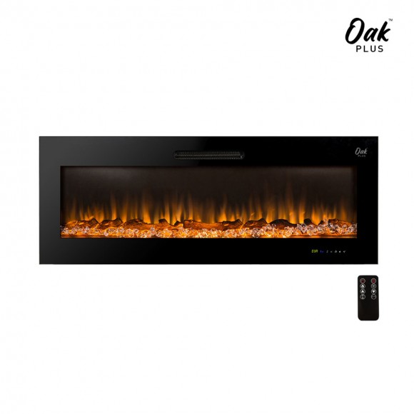 Oak PLUS 50"L Wall Mounted or Recessed Electric Fireplace With 9 Color Flames, Faux Log & Crystal Decorated