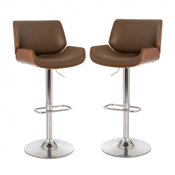 Glitzhome Mid-century Modern Leather Yellowish-brown Adjustable Height Swivel Bar Stool, Set of 2