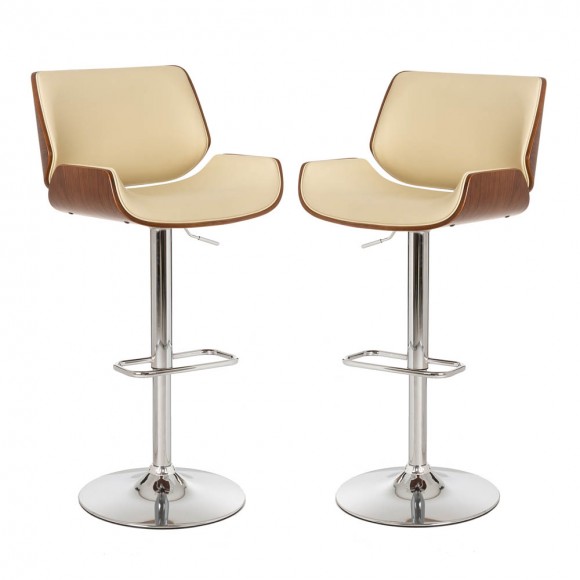 Glitzhome Mid-century Leather Modern Beige Adjustable Height Swivel Bar Stool,Set of 2