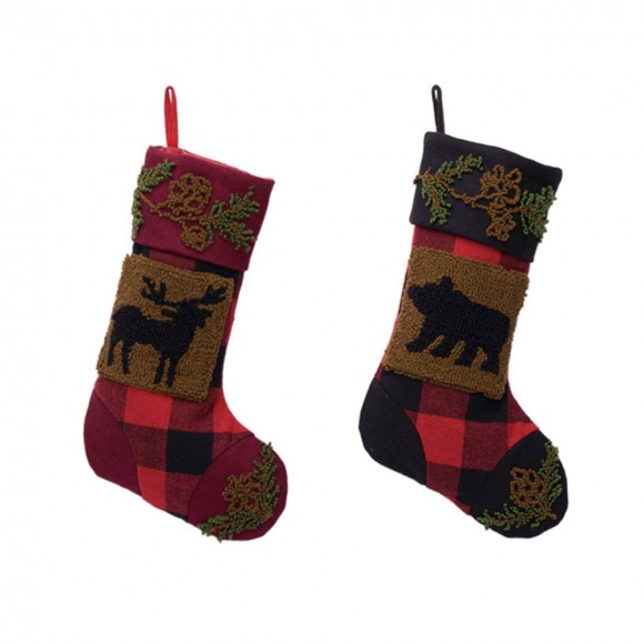 Glitzhome Plaid Stocking With Rug Hooked Stocking(Reindeer& Bear),Set of 2