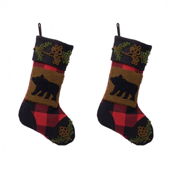 Glitzhome 2PK Plaid Stocking w/Rug Hooked (Bear)