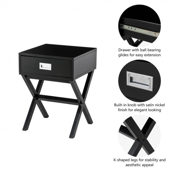 [OFFICIAL] Glitzhome 21.85"H Black Wooden Xleg End Table with 1 Drawer